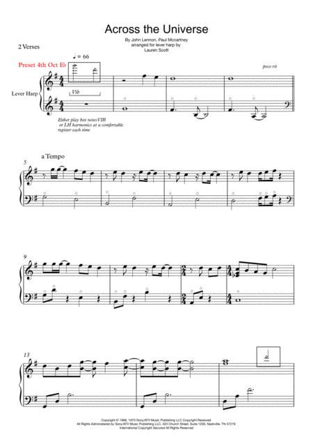 Free Sheet Music Across The Universe For Solo Lever Harp Two Versions Intermediate Advanced