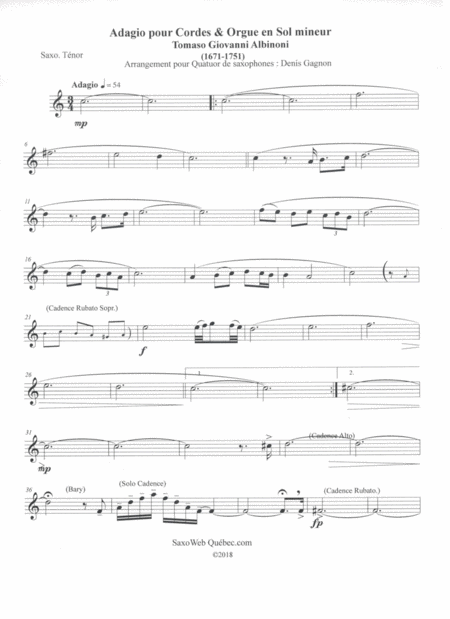 Free Sheet Music Adagio De Tomaso Albinoni Pour 4 Saxophones