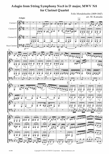 Free Sheet Music Adagio From String Symphony No 8 In D Major Mwv N8 For Clarinet Quartet