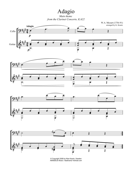 Adagio From The Clarinet Concerto Theme For Cello And Guitar Sheet Music