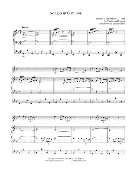 Adagio In G Minor Tomaso Albinoni Transcribed For Violin And Organ Sheet Music