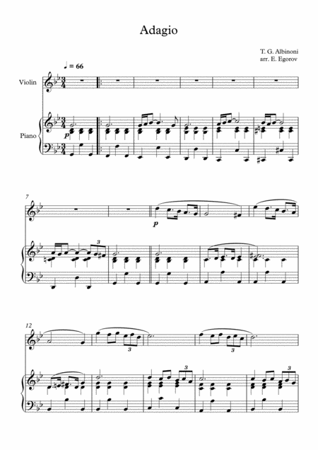 Adagio In G Minor Tomaso Giovanni Albinoni For Violin Piano Sheet Music