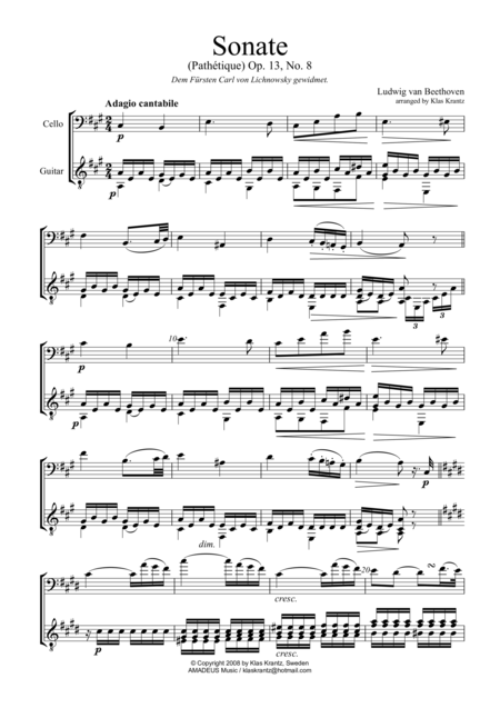 Free Sheet Music Adagio Pathetique For Cello And Guitar