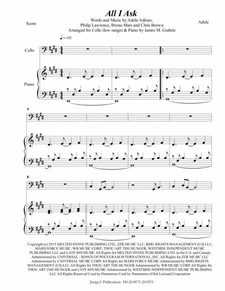 Adele All I Ask For Cello Low Range Piano Sheet Music