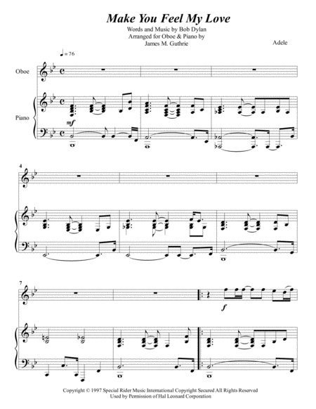 Free Sheet Music Adele Make You Feel My Love For Oboe Piano