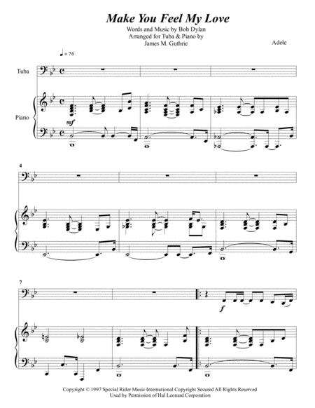 Free Sheet Music Adele Make You Feel My Love For Tuba Piano