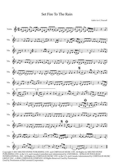 Adele Set Fire To The Rain Violin Solo Sheet Music