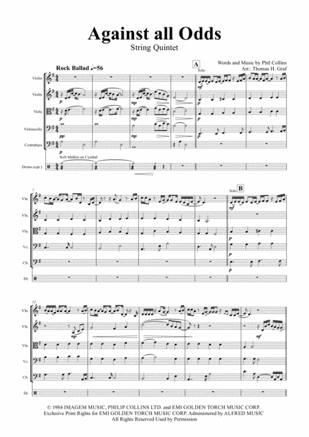 Against All Odds Take A Look At Me Now Phil Collins String Quintet Sheet Music