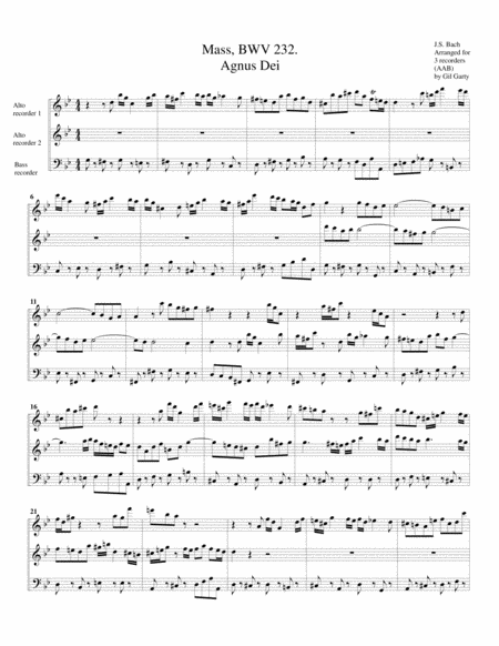 Free Sheet Music Agnus Dei From Mass Bwv 232 B Minor Arrangement For 3 Recorders