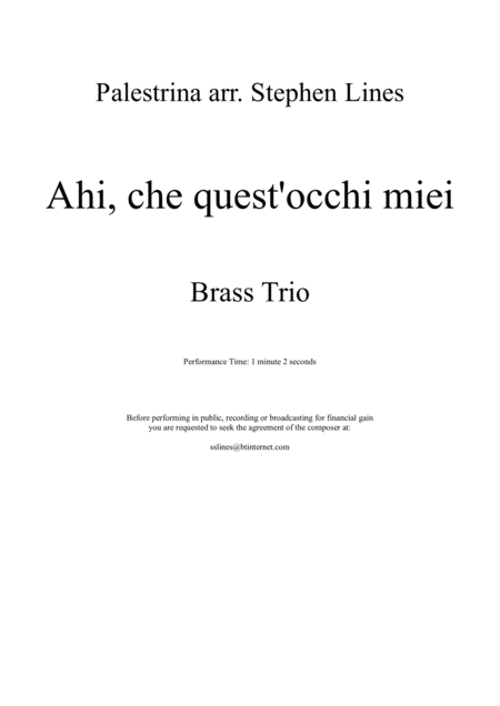 Ahi Che Quest Occhi Miei Brass Trio Sheet Music