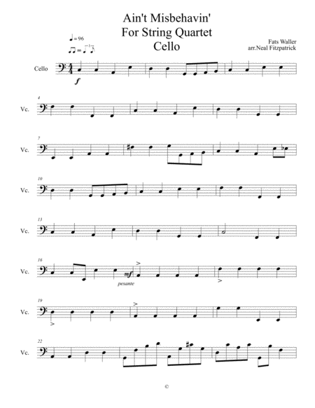 Aint Misbehavin For String Quartet Cello Sheet Music