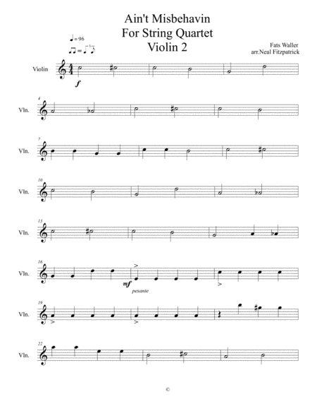 Aint Misbehavin For String Quartet Violin 2 Sheet Music