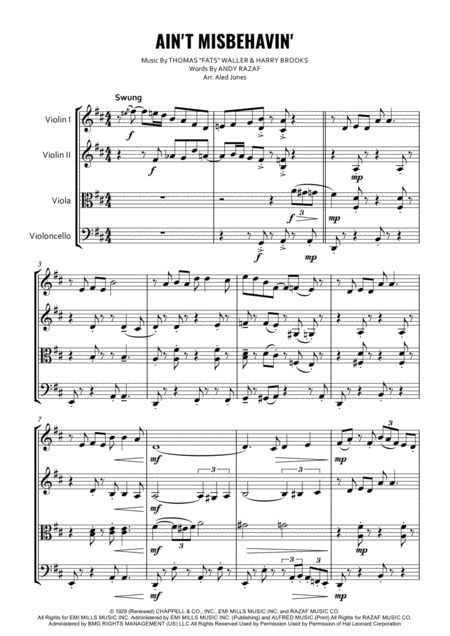 Free Sheet Music Aint Misbehavin For String Quartet