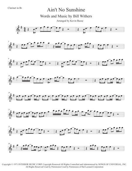 Free Sheet Music Aint No Sunshine Clarinet