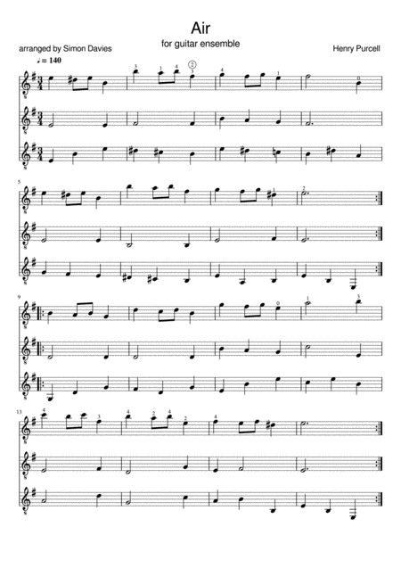 Free Sheet Music Air H Purcell Arranged For Beginner Guitar Ensemble