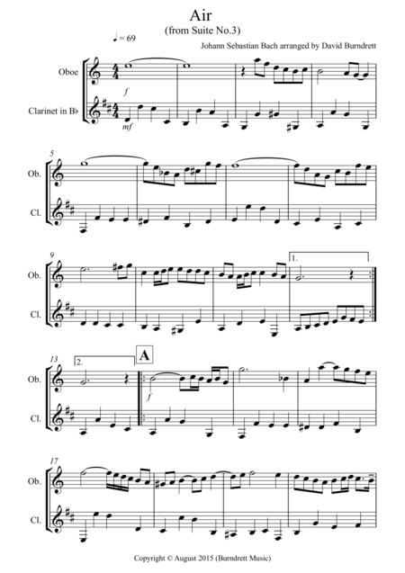 Free Sheet Music Air On A G String For Oboe And Clarinet Duet