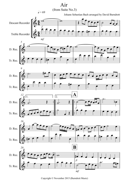 Air On A G String For Recorder Duet Sheet Music