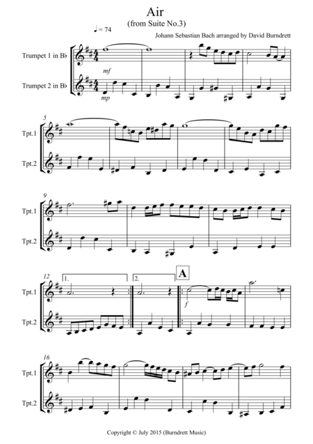 Air On A G String For Trumpet Duet Sheet Music