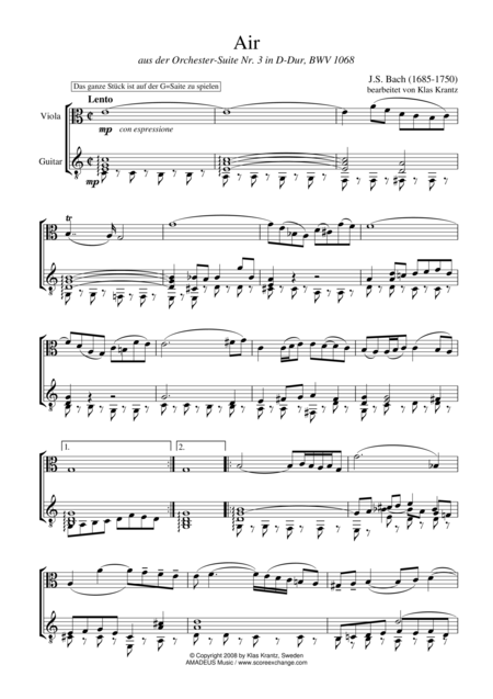 Air On The G String For Viola And Guitar Sheet Music