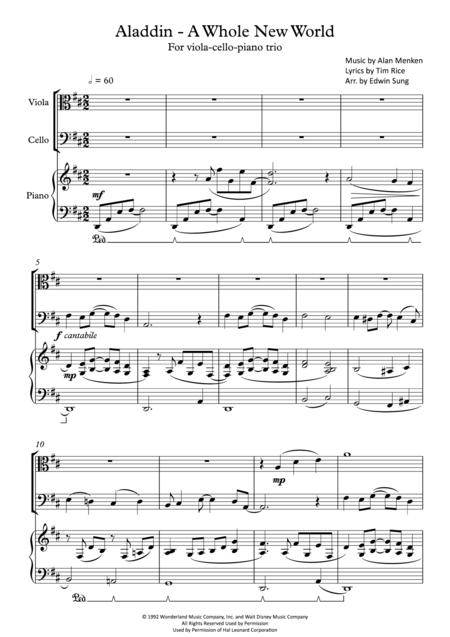 Aladdin A Whole New World For Viola Cello Piano Trio Including Part Scores Sheet Music