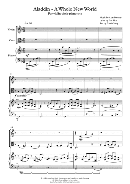 Aladdin A Whole New World For Violin Viola Piano Trio Including Part Scores Sheet Music