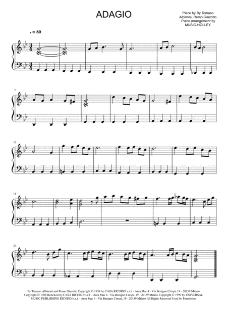 Free Sheet Music Albinoni Adagio Easy Piano Sheet