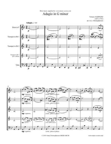 Free Sheet Music Albinoni Adagio French Horn 2 Trumpets And Tuba