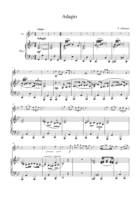 Free Sheet Music Albinoni Adagio In G Minor For Violin And Piano