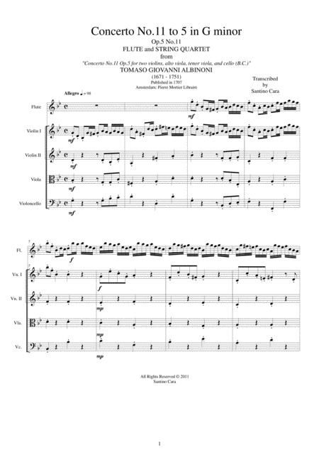 Free Sheet Music Albinoni Concerto No 11 To 5 In G Minor Op 5 For Flute And String Quartet