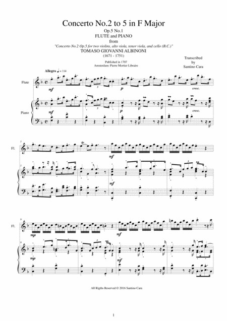 Albinoni Concerto No 2 To 5 In F Major Op 5 For Flute And Piano Sheet Music