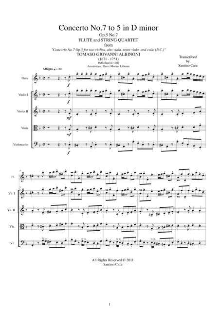 Albinoni Concerto No 7 To 5 In D Minor Op 5 For Flute And String Quartet Sheet Music