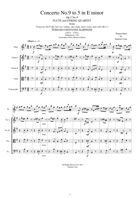 Albinoni Concerto No 9 To 5 In E Minor Op 5 For Flute And String Quartet Sheet Music