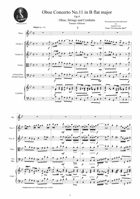 Albinoni Oboe Concerto No 11 In B Flat Major Op 9 For Oboe Strings And Cembalo Sheet Music