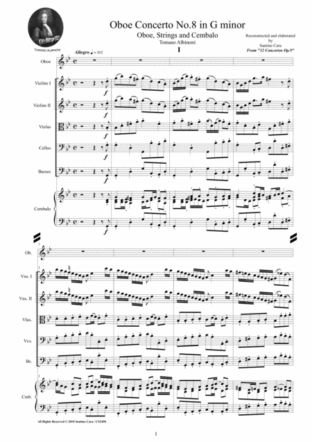 Free Sheet Music Albinoni Oboe Concerto No 8 In G Minor Op 9 For Oboe Strings And Cembalo