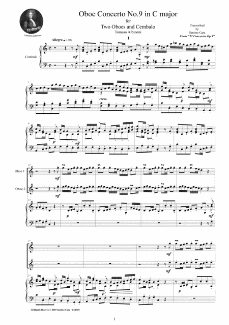 Free Sheet Music Albinoni Oboe Concerto No 9 In C Major Op 9 For Two Oboes And Cembalo Or Piano