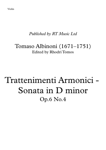 Albinoni Op6 No4 Trattenimenti Armonici Sonata In D Minor Sheet Music