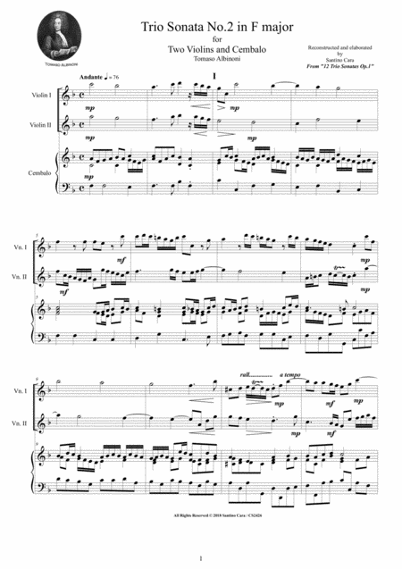 Free Sheet Music Albinoni Trio Sonata No 2 In F Major Op 1 For Two Violins And Cembalo Or Piano