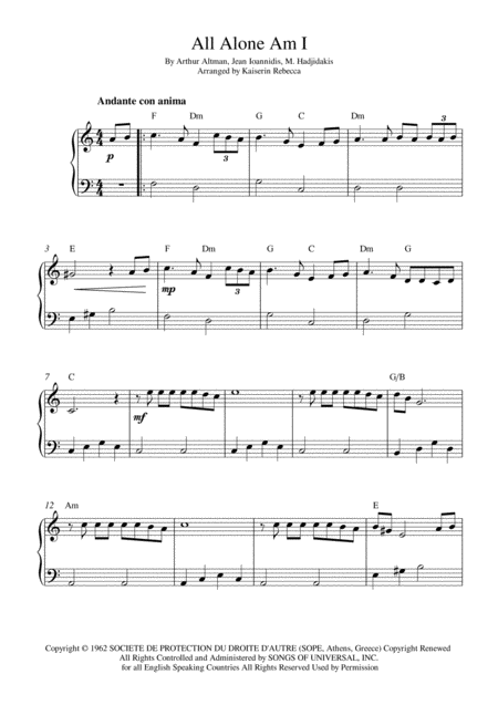 Free Sheet Music All Alone Am I Easy Piano Solo With Chords
