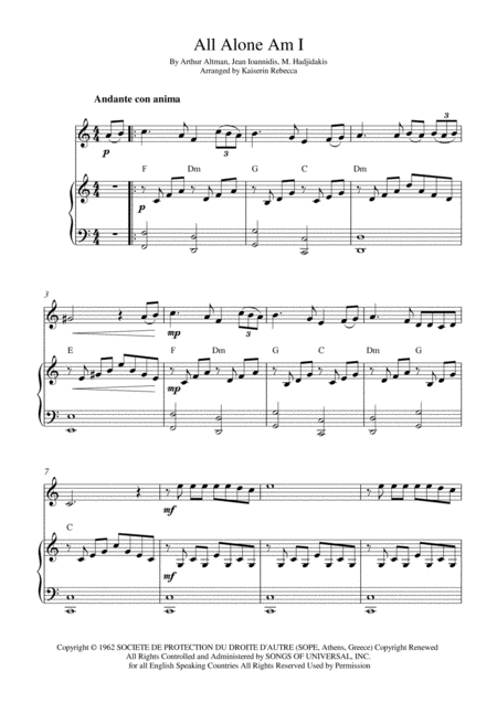 All Alone Am I Violin Solo And Piano Accompaniment Sheet Music