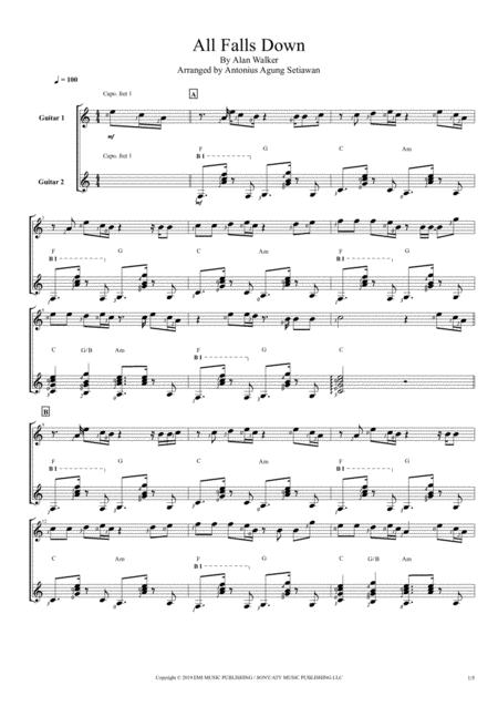 Free Sheet Music All Falls Down Duet Guitar Score