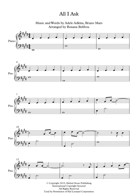 All I Ask By Adele Easy Piano Sheet Music