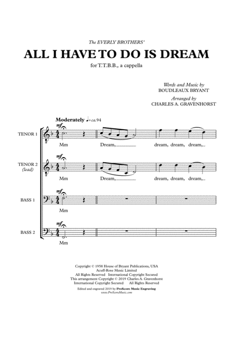 All I Have To Do Is Dream Ttbb A Cappella Sheet Music