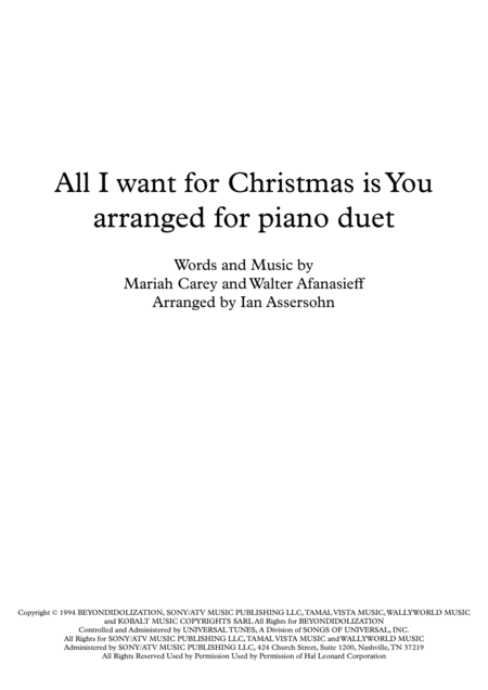 All I Want For Christmas Is You Arranged For Piano Duet Sheet Music