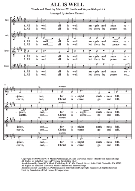 Free Sheet Music All Is Well A Cappella