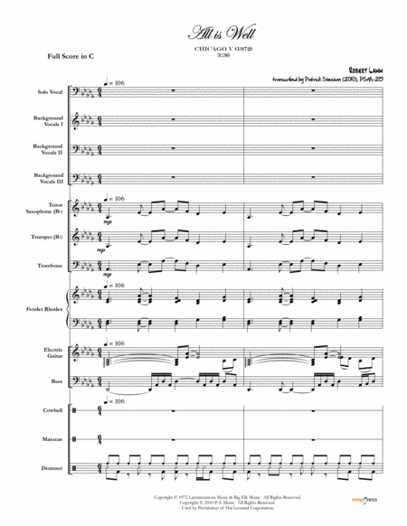 All Is Well Chicago Full Score Set Of Parts Sheet Music