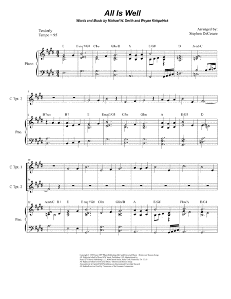 Free Sheet Music All Is Well Duet For C Trumpet