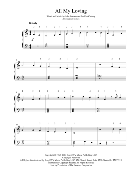 Free Sheet Music All My Loving For Easy Piano