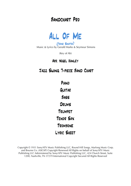 All Of Me Ab 7pc Jazz Swing Chart Sheet Music