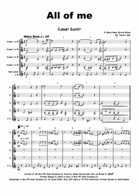 Free Sheet Music All Of Me Jazz Classic Clarinet Quintet
