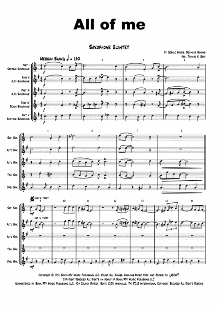 All Of Me Jazz Classic Saxophone Quintet Sheet Music